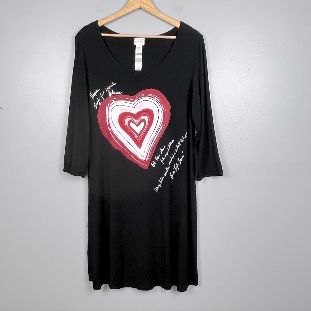 Chico’s black rayon spandex heart graphic long sleeve night shirt, small/medium.